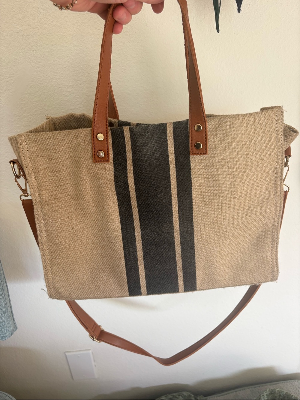 Canvas Tote Bag with Black Stripe and Brown Leather Handles